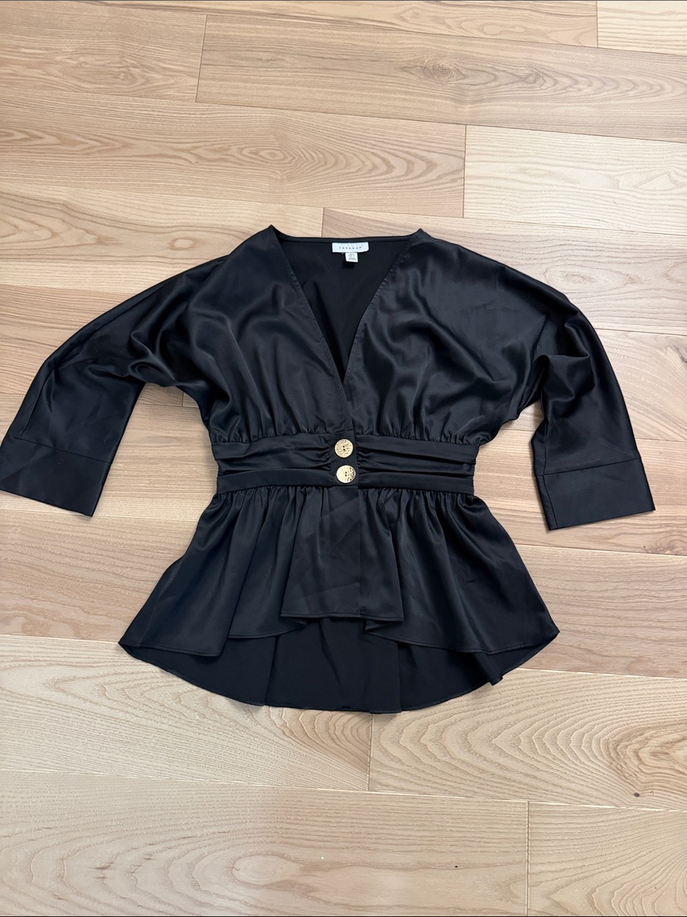 Topshop Black Satin V-Neck Peplum Blouse with Gold Buttons